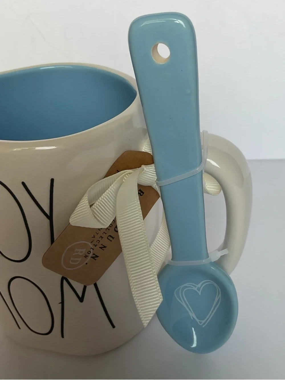 Rae Dunn Boy Mom White Cup Mug 16oz w/ Blue Spoon Gift Set Brand New Baby Shower